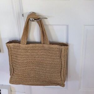 Woven Straw Lined Tote Bag in Natural Tan with Inside Pocket